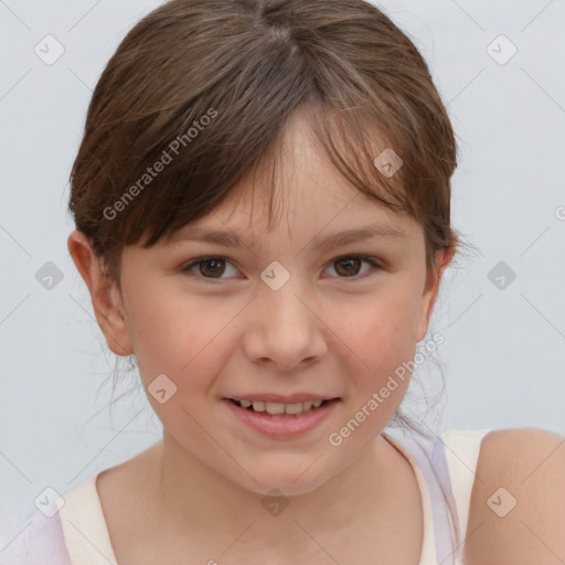 Joyful white child female with medium  brown hair and brown eyes