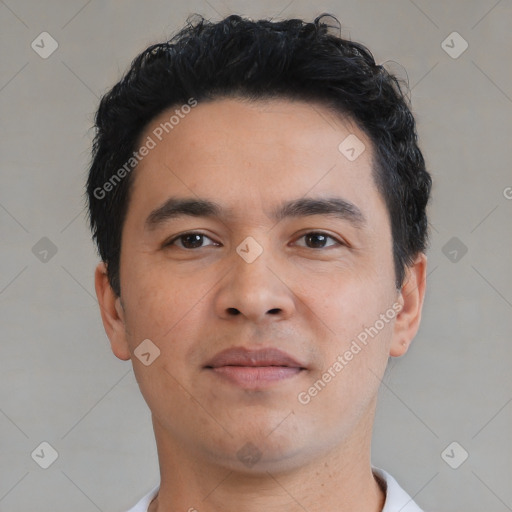 Neutral asian young-adult male with short  black hair and brown eyes