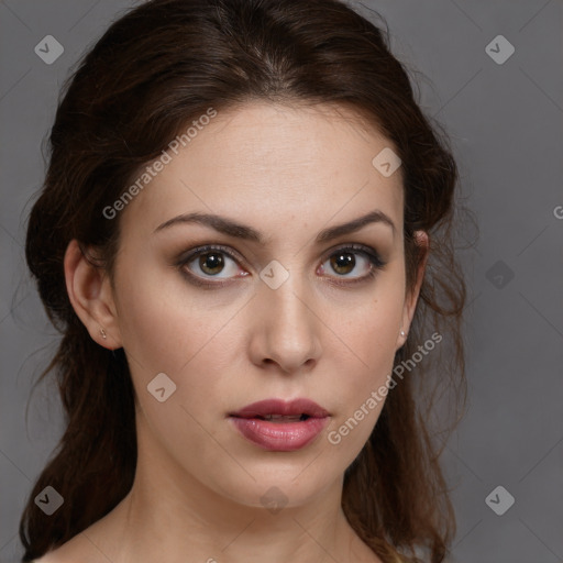 Neutral white young-adult female with medium  brown hair and brown eyes