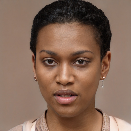 Neutral black young-adult female with short  black hair and brown eyes