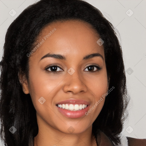 Joyful latino young-adult female with long  brown hair and brown eyes