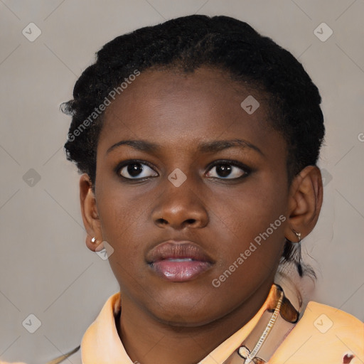 Neutral black young-adult female with short  brown hair and brown eyes