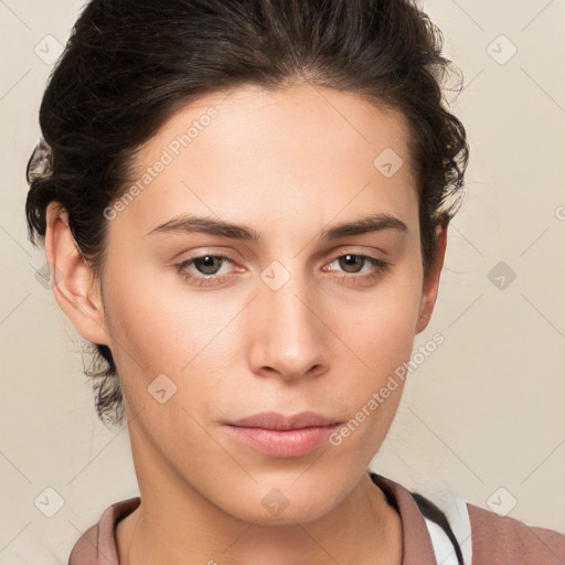 Neutral white young-adult female with medium  brown hair and brown eyes