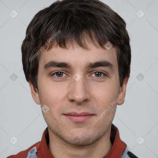 Neutral white young-adult male with short  brown hair and brown eyes