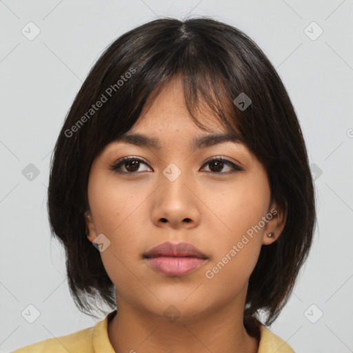 Neutral asian young-adult female with medium  brown hair and brown eyes