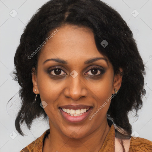 Joyful latino young-adult female with medium  black hair and brown eyes