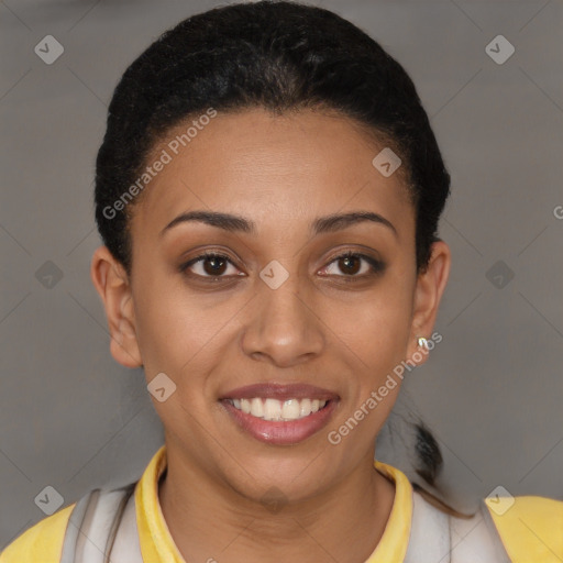 Joyful latino young-adult female with short  brown hair and brown eyes