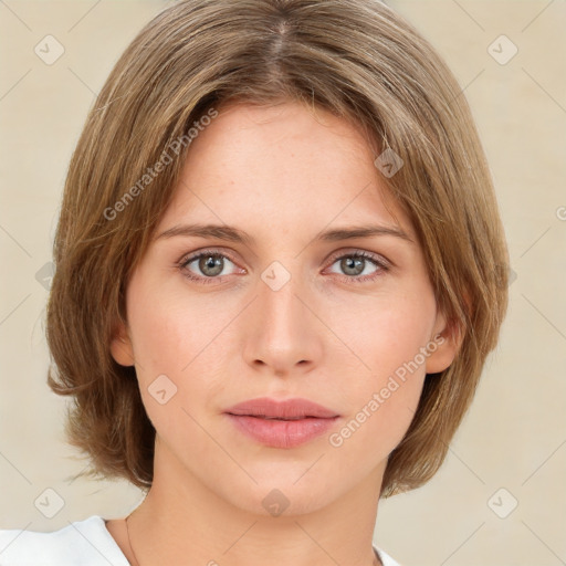 Neutral white young-adult female with medium  brown hair and green eyes