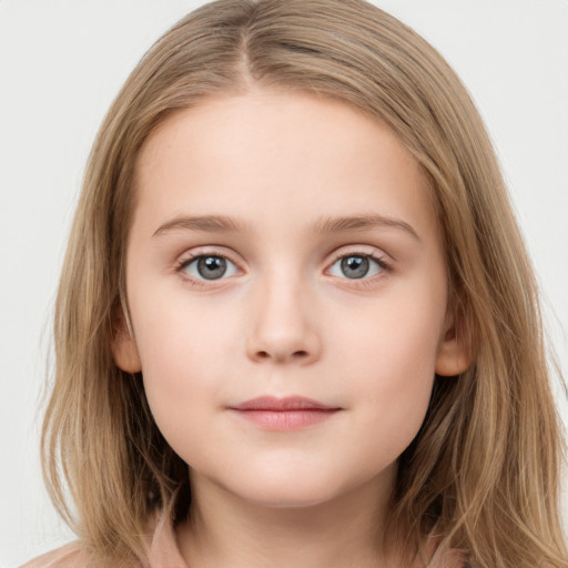 Neutral white child female with long  brown hair and grey eyes