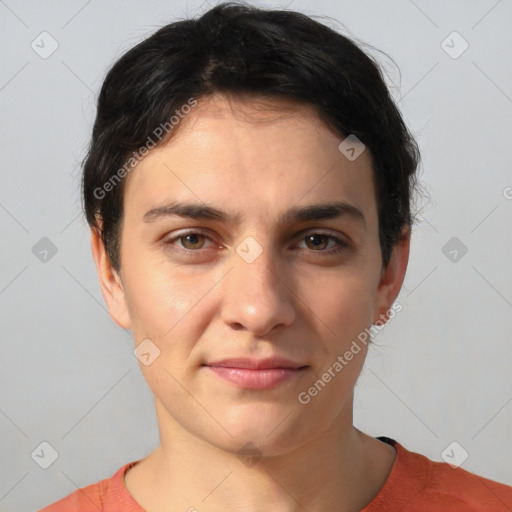 Joyful white young-adult female with short  brown hair and brown eyes