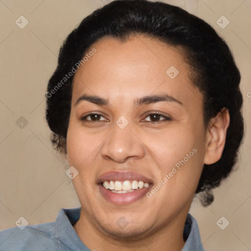 Joyful latino young-adult female with short  black hair and brown eyes