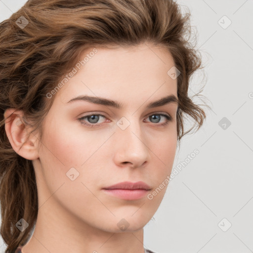 Neutral white young-adult female with medium  brown hair and grey eyes