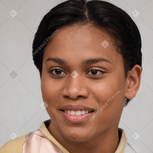 Joyful latino young-adult female with short  brown hair and brown eyes