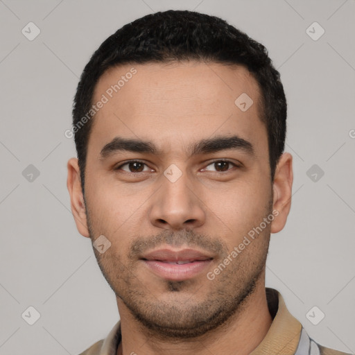 Neutral latino young-adult male with short  black hair and brown eyes