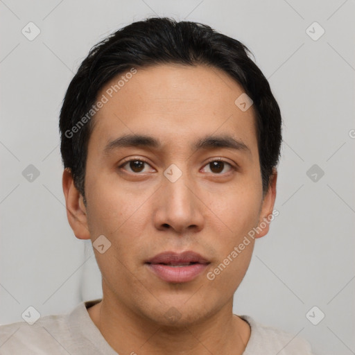 Neutral asian young-adult male with short  black hair and brown eyes