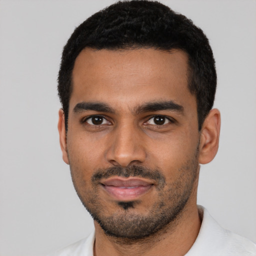 Neutral black young-adult male with short  black hair and brown eyes