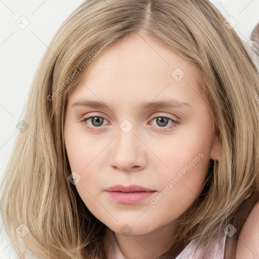 Neutral white young-adult female with long  brown hair and grey eyes