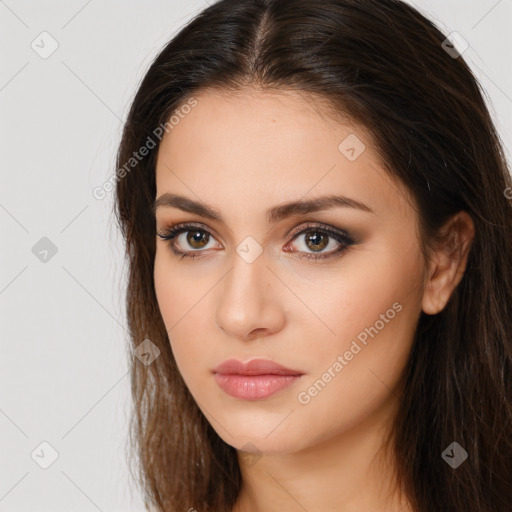 Neutral white young-adult female with long  brown hair and brown eyes