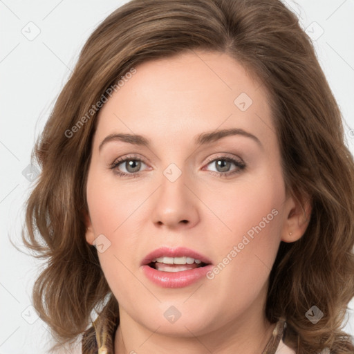 Joyful white young-adult female with medium  brown hair and green eyes