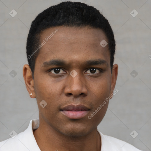 Neutral white young-adult male with short  brown hair and brown eyes