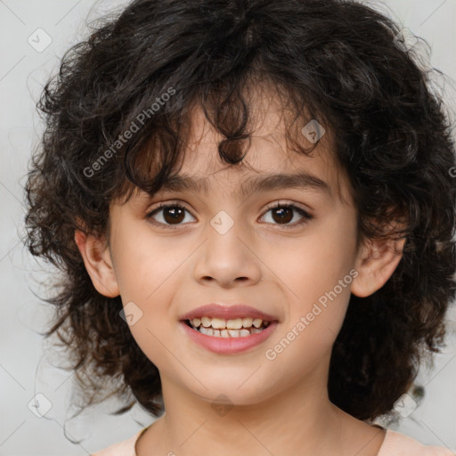 Joyful white child female with medium  brown hair and brown eyes