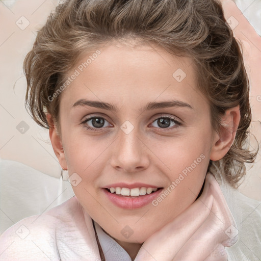 Joyful white child female with medium  brown hair and brown eyes