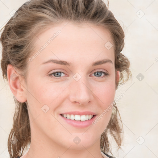 Joyful white young-adult female with medium  brown hair and blue eyes