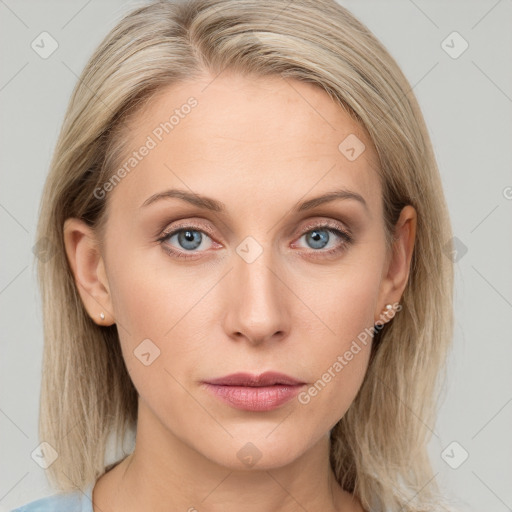 Neutral white young-adult female with medium  brown hair and blue eyes