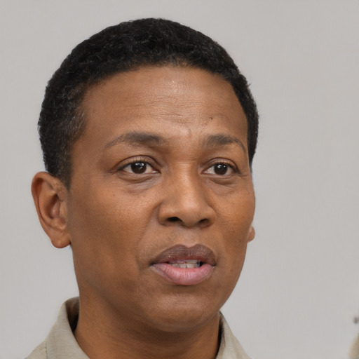 Neutral black adult male with short  brown hair and brown eyes