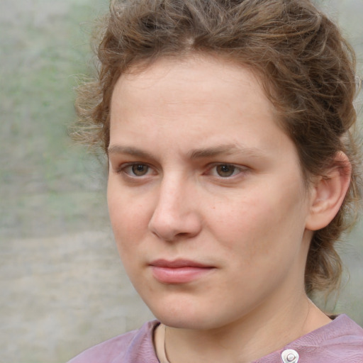 Neutral white young-adult female with medium  brown hair and grey eyes