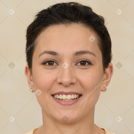 Joyful white young-adult female with short  brown hair and brown eyes