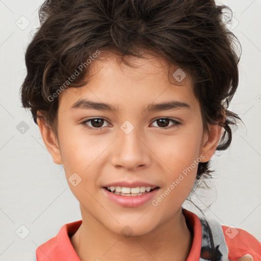 Joyful white child female with short  brown hair and brown eyes