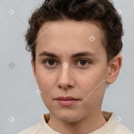 Neutral white young-adult female with short  brown hair and brown eyes