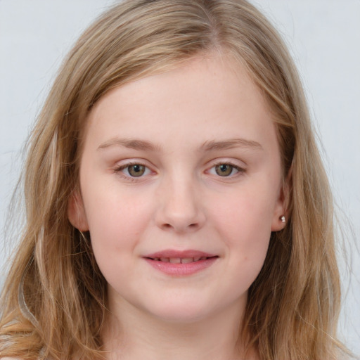 Joyful white young-adult female with long  brown hair and blue eyes