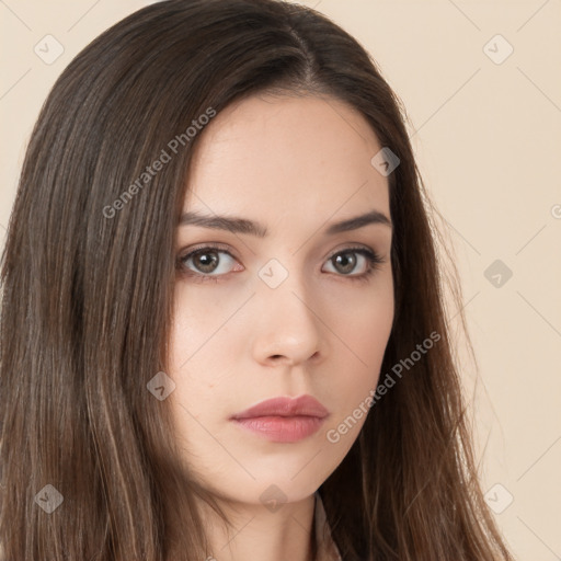 Neutral white young-adult female with long  brown hair and brown eyes