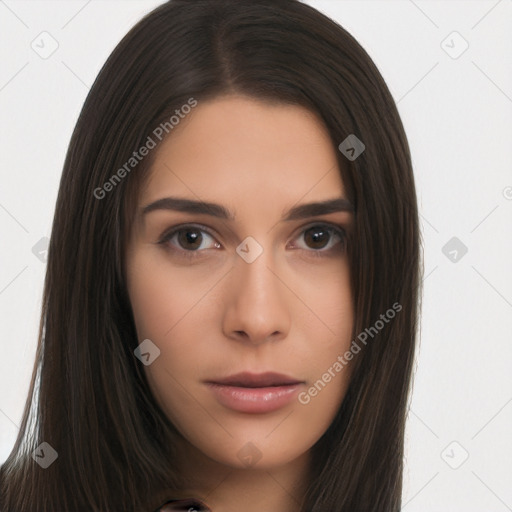 Neutral asian young-adult female with long  brown hair and brown eyes