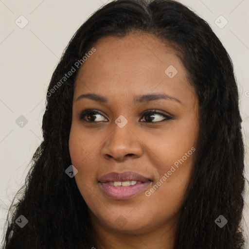 Joyful asian young-adult female with long  brown hair and brown eyes