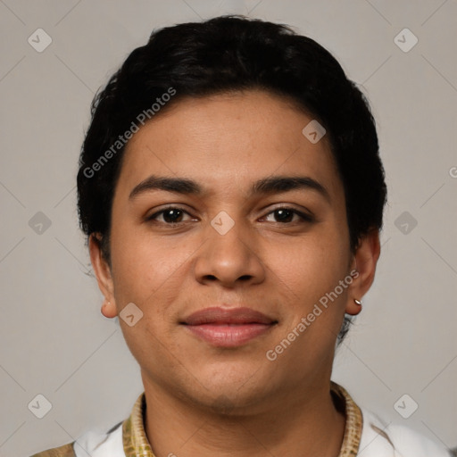 Joyful latino young-adult female with short  black hair and brown eyes