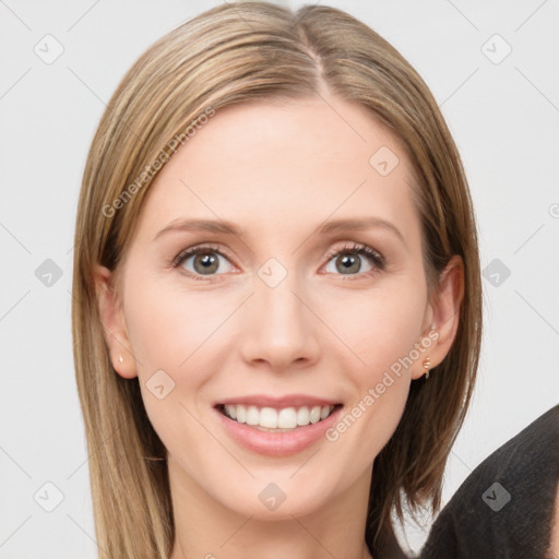 Joyful white young-adult female with long  brown hair and grey eyes