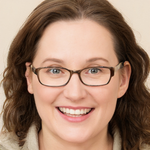 Joyful white adult female with medium  brown hair and blue eyes