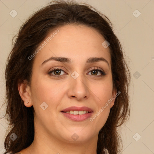 Joyful white young-adult female with long  brown hair and green eyes