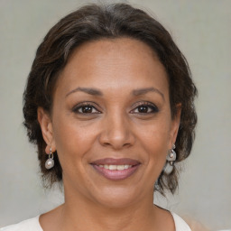 Joyful black adult female with medium  brown hair and brown eyes