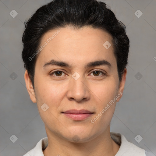 Joyful white young-adult male with short  black hair and brown eyes