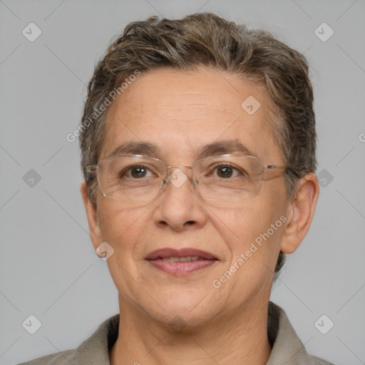 Joyful white middle-aged female with short  brown hair and brown eyes