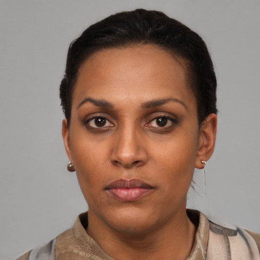 Neutral latino young-adult female with short  brown hair and brown eyes
