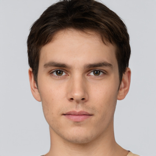 Neutral white young-adult male with short  brown hair and brown eyes