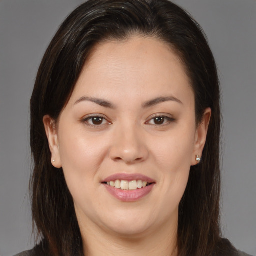 Joyful white young-adult female with medium  brown hair and brown eyes