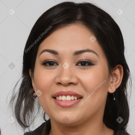 Joyful asian young-adult female with medium  brown hair and brown eyes