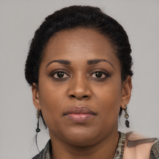 Neutral black young-adult female with short  brown hair and brown eyes