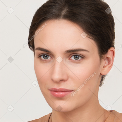 Neutral white young-adult female with short  brown hair and brown eyes